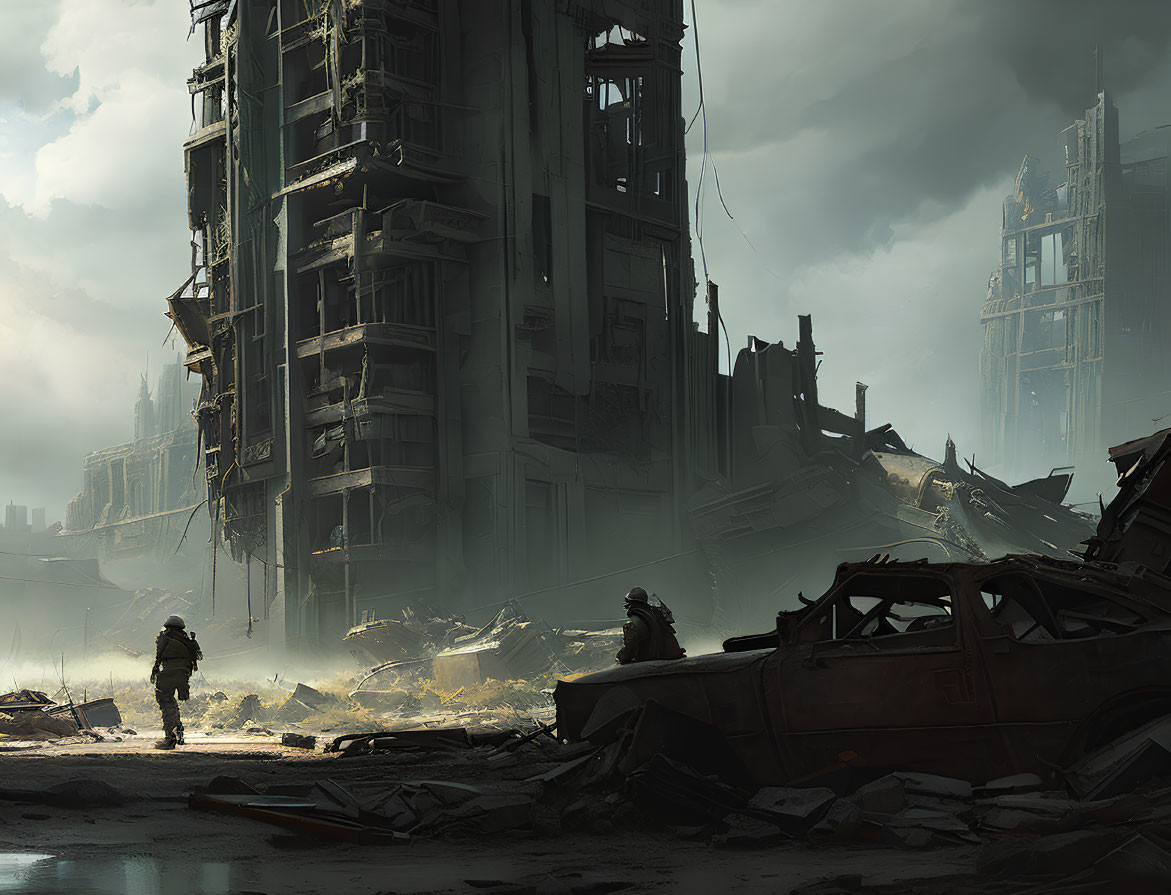 Post-apocalyptic soldiers in ruins under gloomy sky