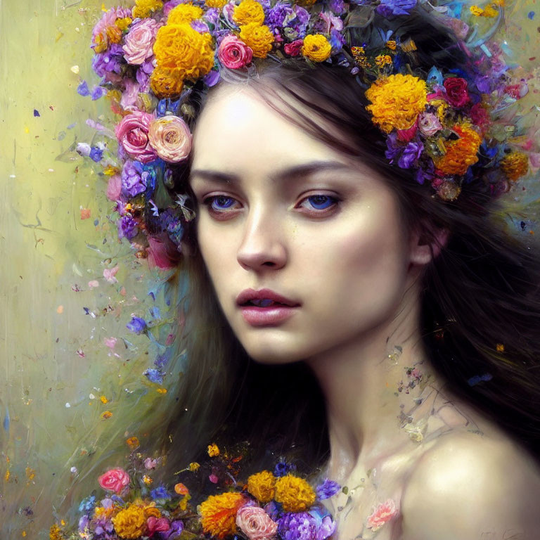 Portrait of woman with colorful floral crown and dreamy expression