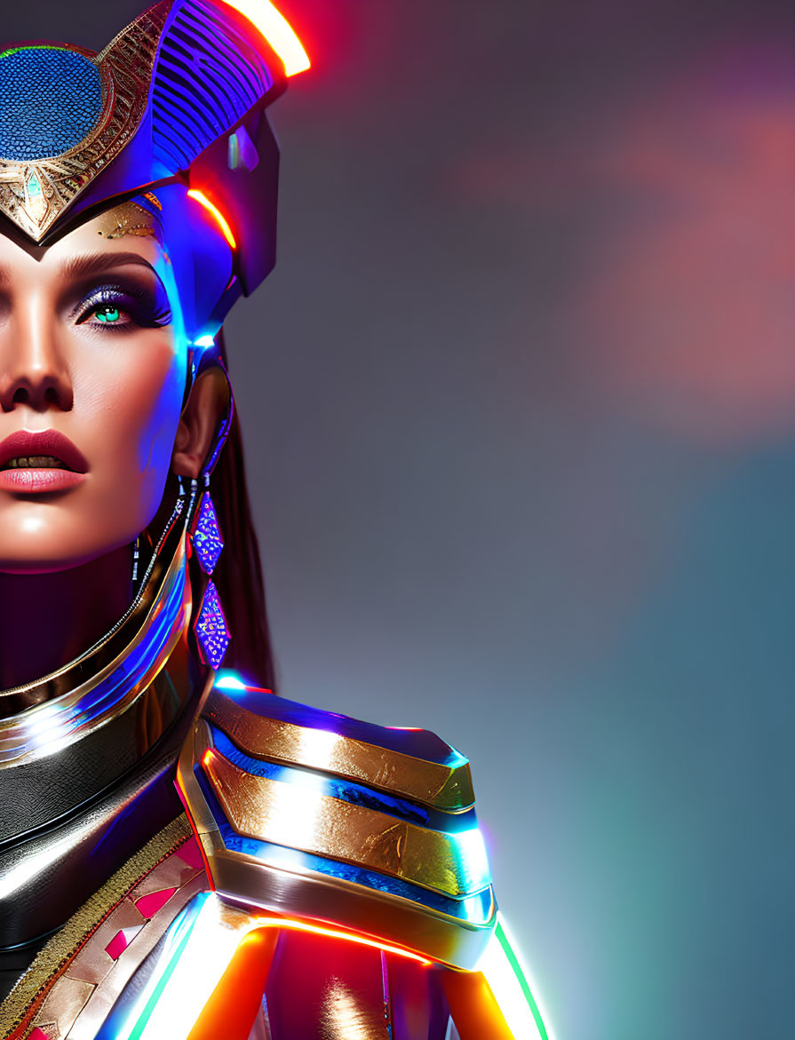 Futuristic woman in metallic armor with neon accents and high-tech headset