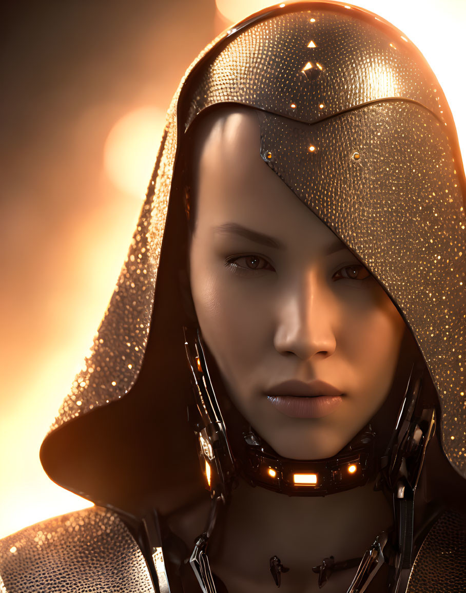 Detailed Close-Up of Female Figure in Futuristic Armor with Glowing Lights