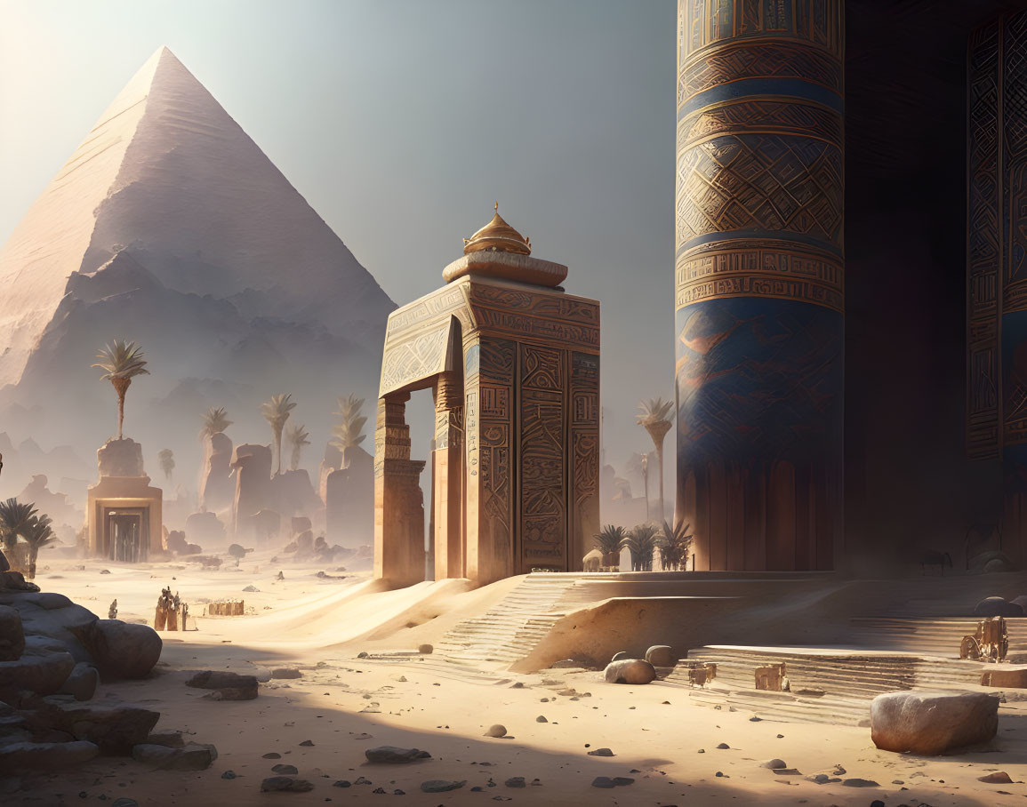 Egyptian Pyramids and Temple Columns with Hieroglyphs and Palm Trees