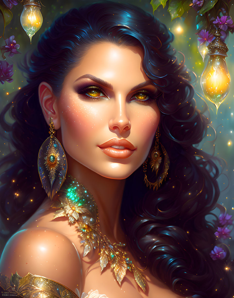 Illustration: Woman with luminous eyes and lanterns in magical flora