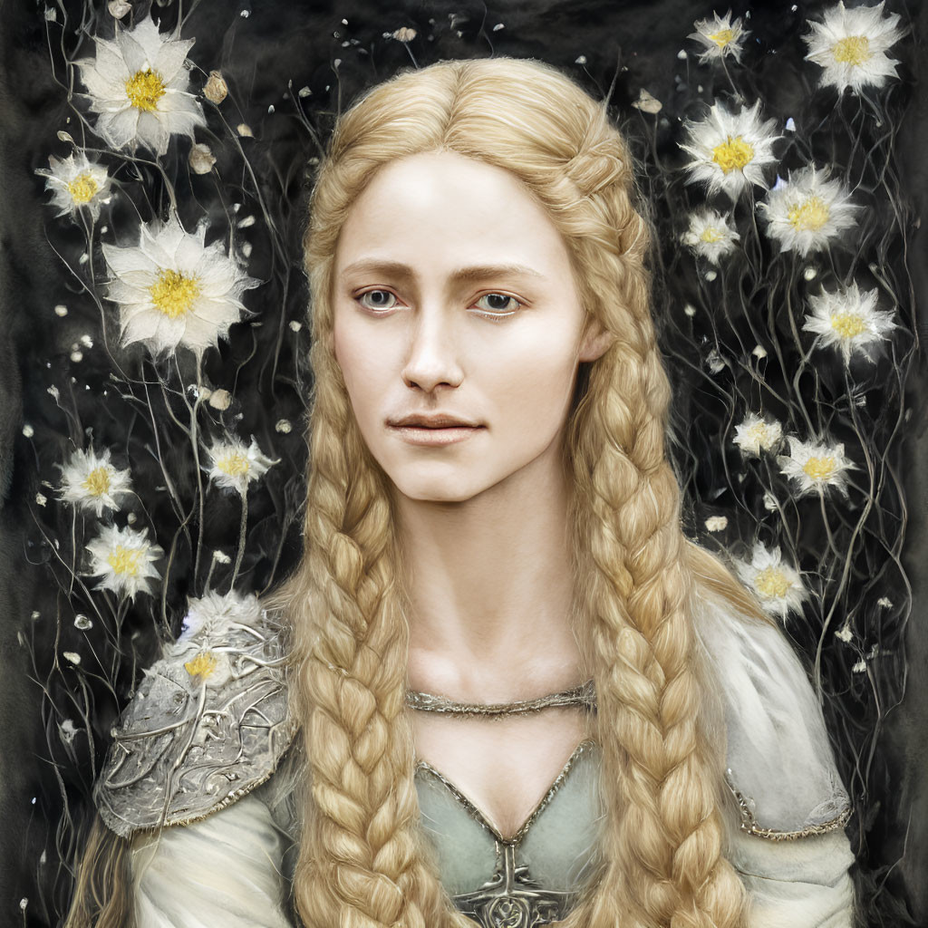 Portrait of woman with long braided hair, fair skin, light eyes, armor, white flowers,