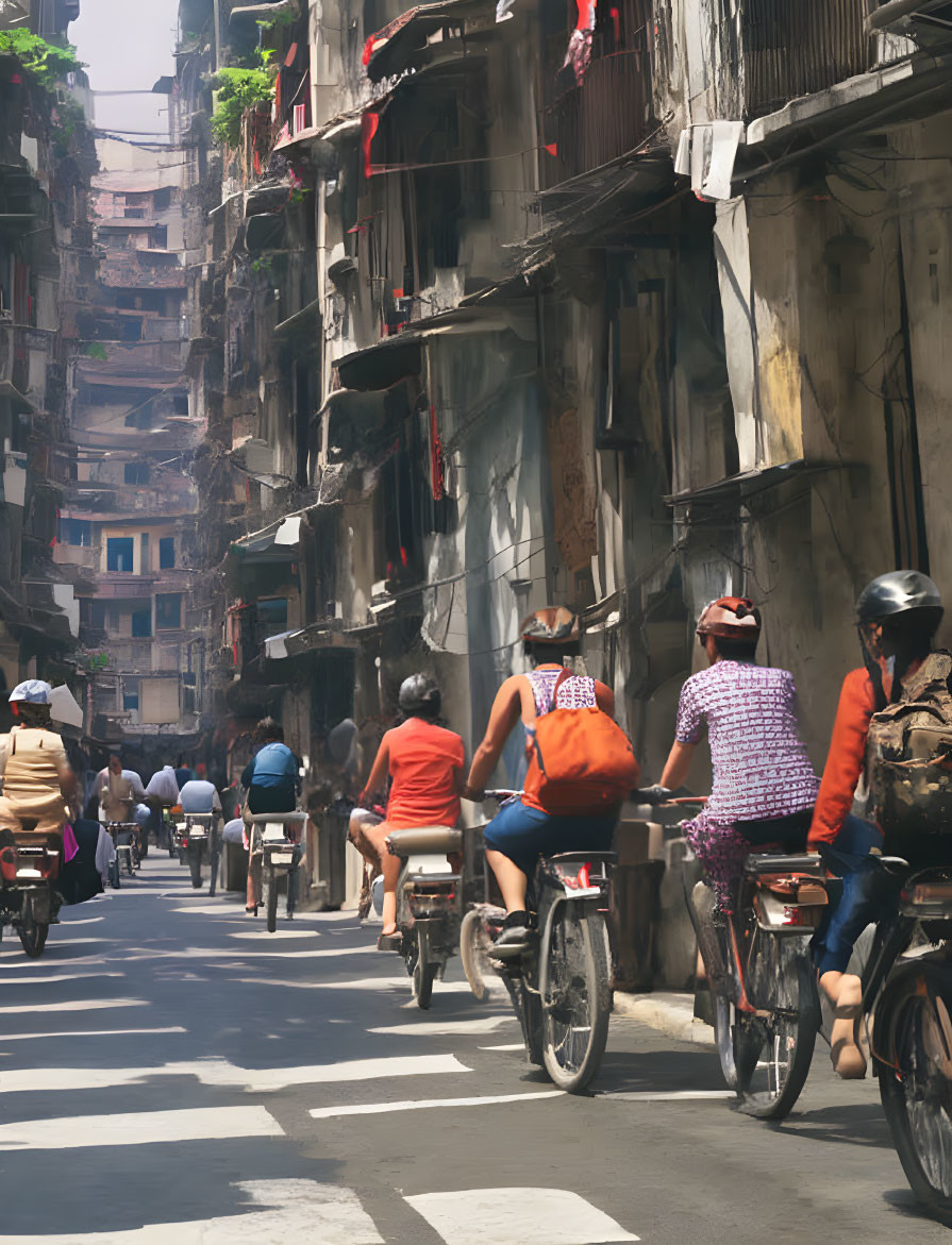 Bicyclists and motorcyclists on narrow, sunlit street with tall residential buildings