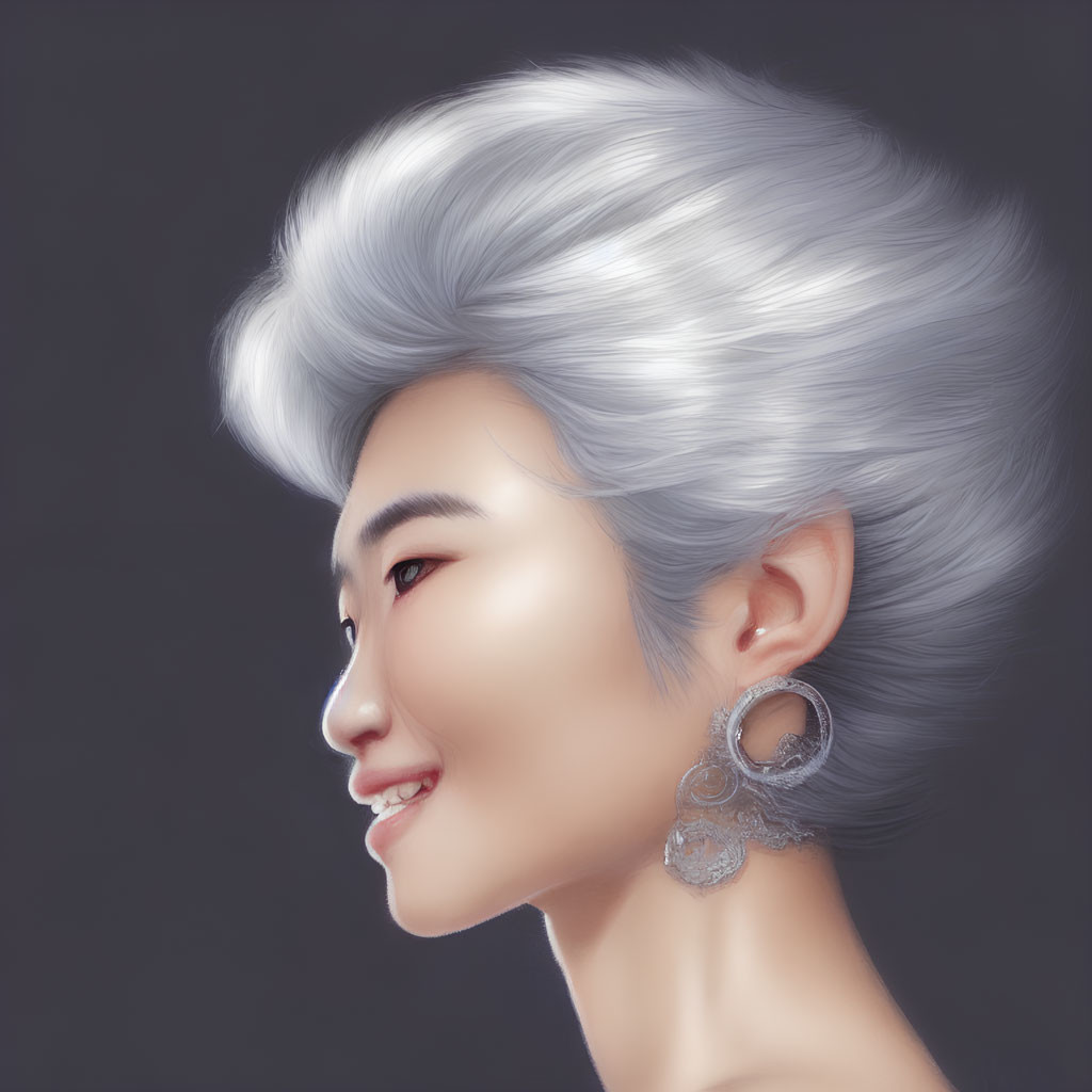 Styled Silver Hair Portrait with Subtle Smile and Detailed Earring