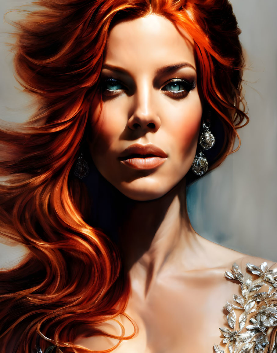 Striking Portrait of Woman with Red Hair and Blue Eyes