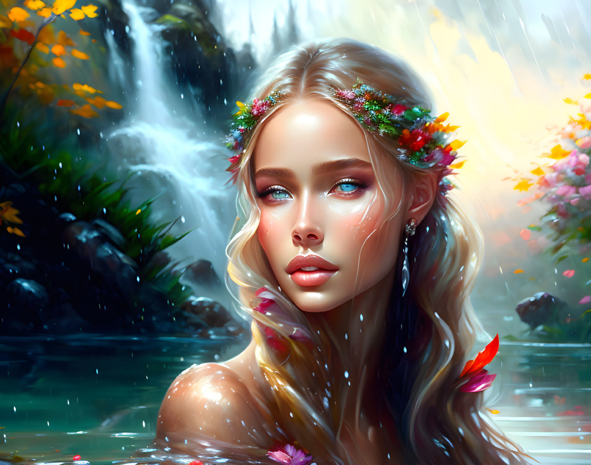 Digital painting of woman with floral crown, blue eyes, long hair, waterfall backdrop