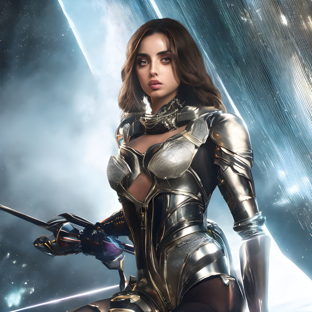 Futuristic digital artwork of woman in armor with cosmic backdrop