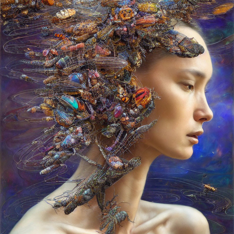 Surreal portrait of woman with metallic beetles in hair