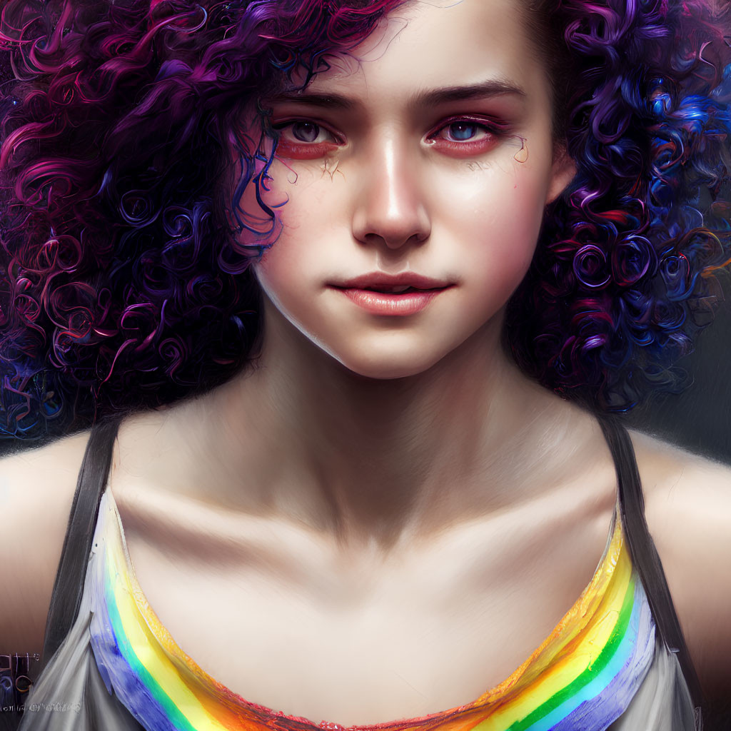 Digital artwork featuring young person with vibrant purple curls and rainbow-colored top