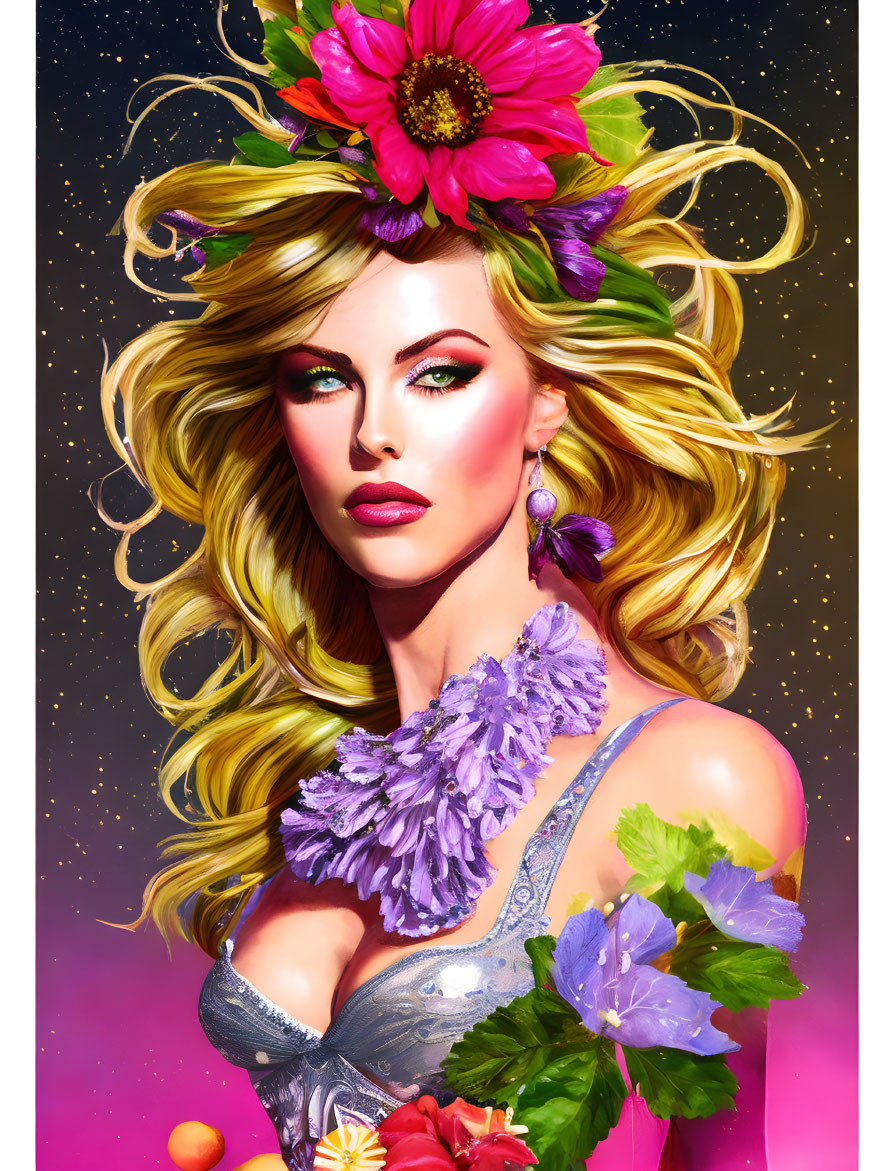 Woman adorned with vibrant flowers in hair and purple blooms, wearing shimmering silver outfit against starry background