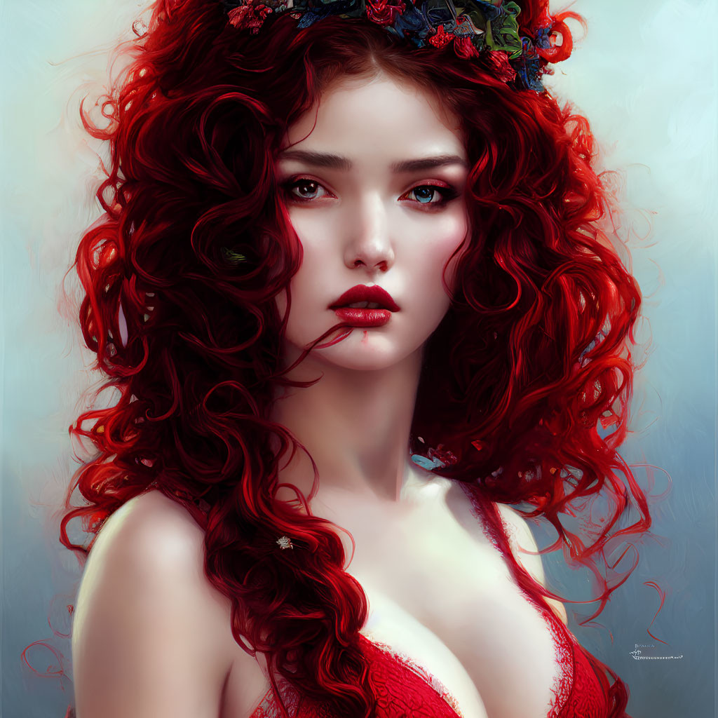 Portrait of a woman with voluminous red hair, blue eyes, fair skin, and red attire