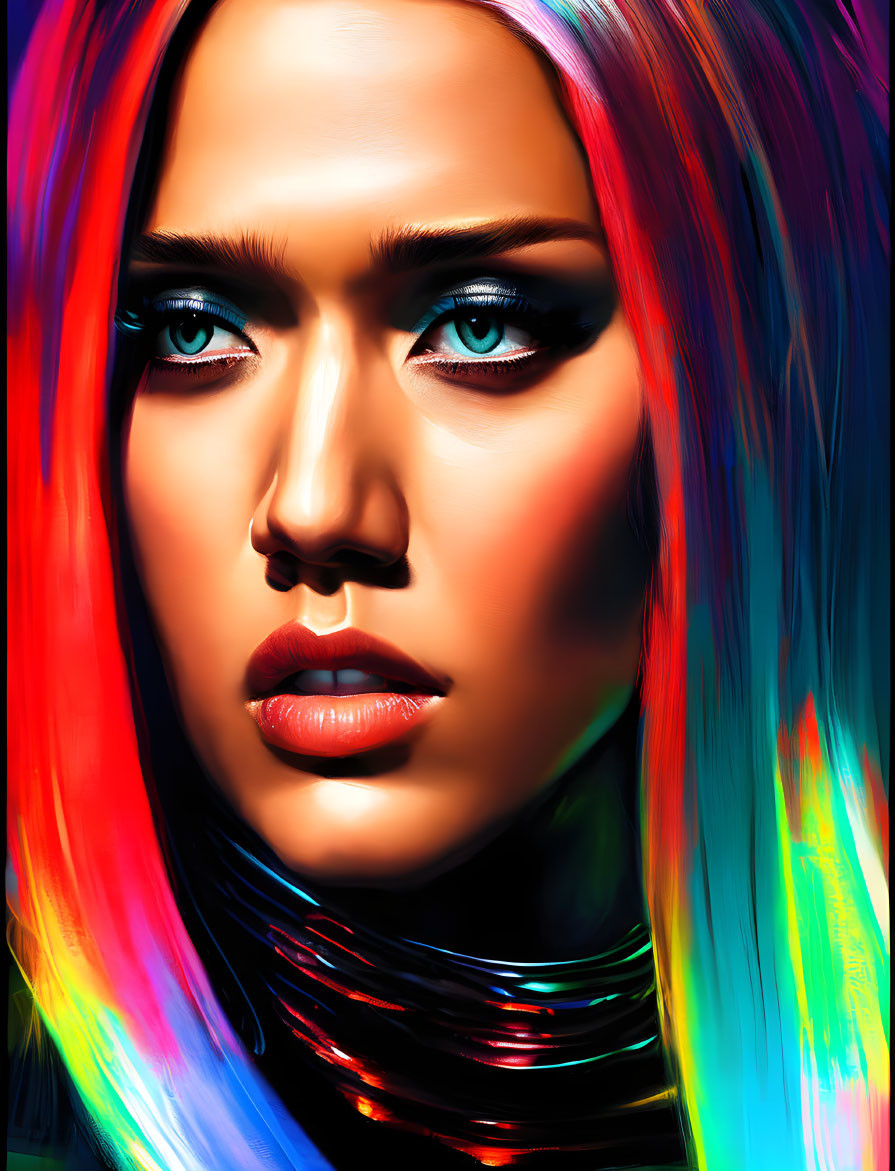 Colorful digital portrait: neon rainbow hair, blue eyes, intense gaze on dark backdrop