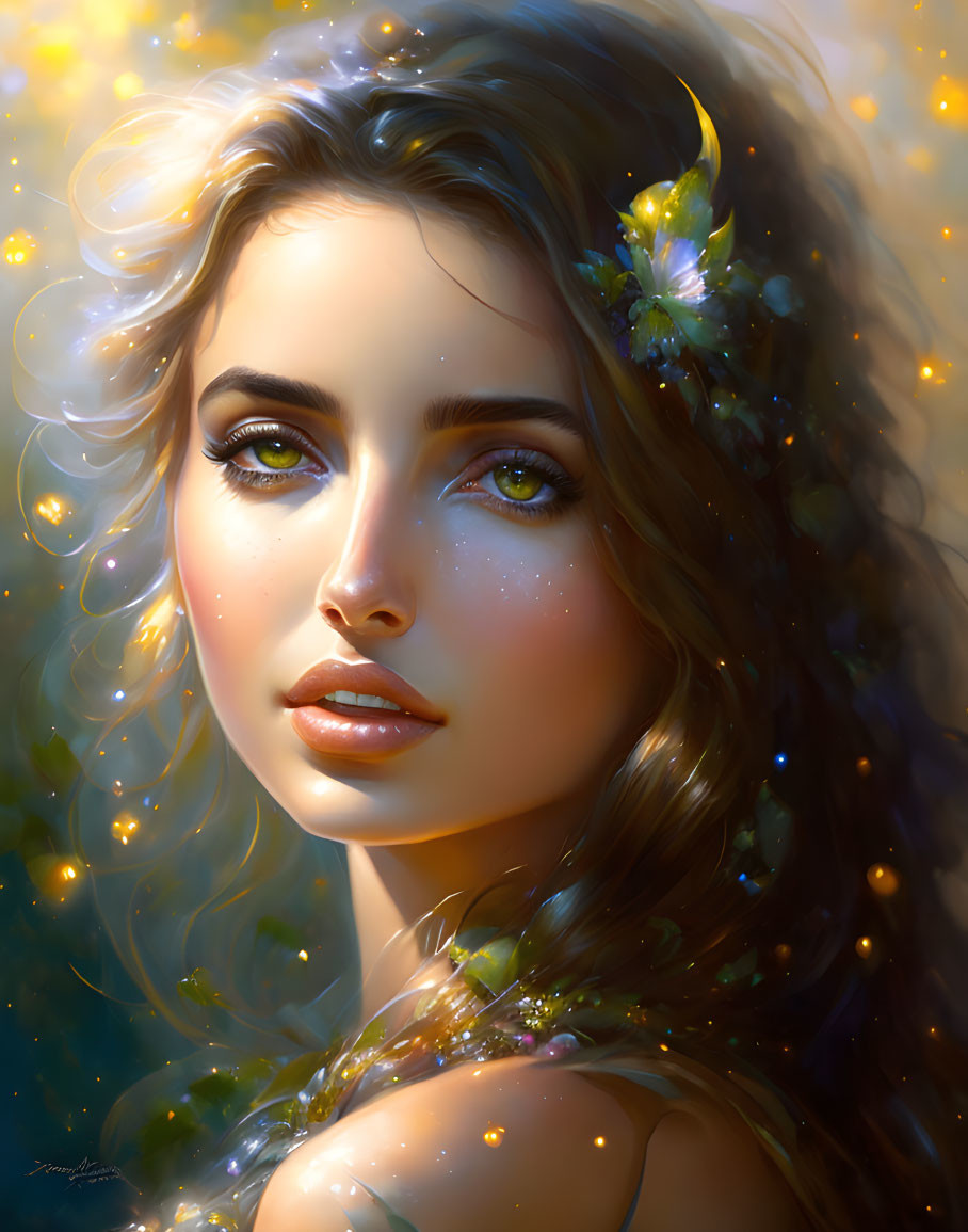 Digital portrait: Woman with green eyes, adorned with flowers and glowing sparkles