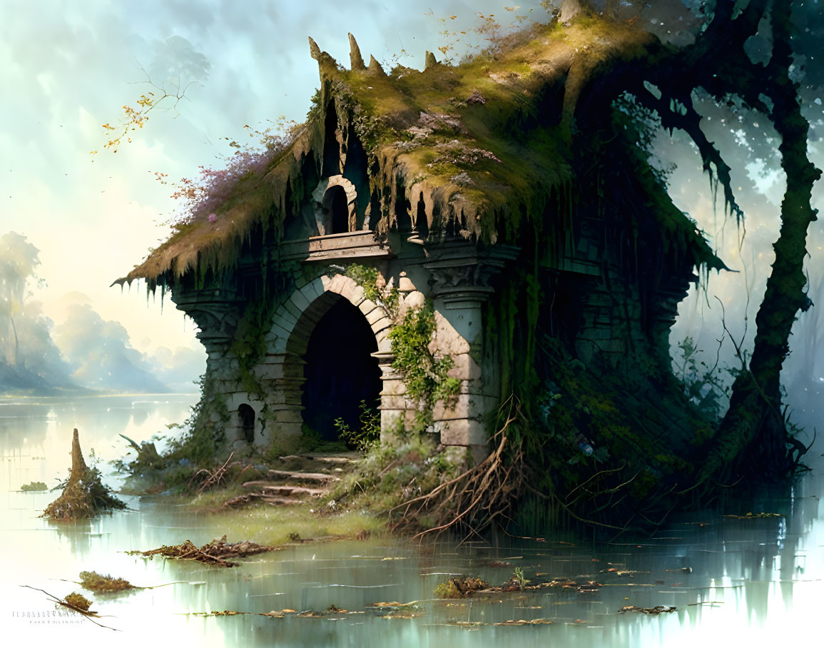 Moss-covered stone ruin by tranquil lakeshore in mystical forest