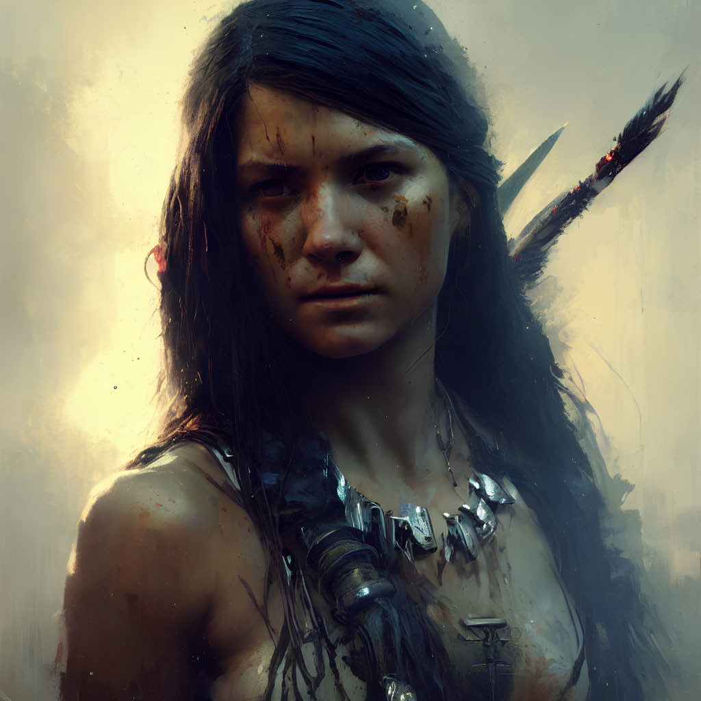 Portrait of fierce woman with war paint and feathers, intense gaze.