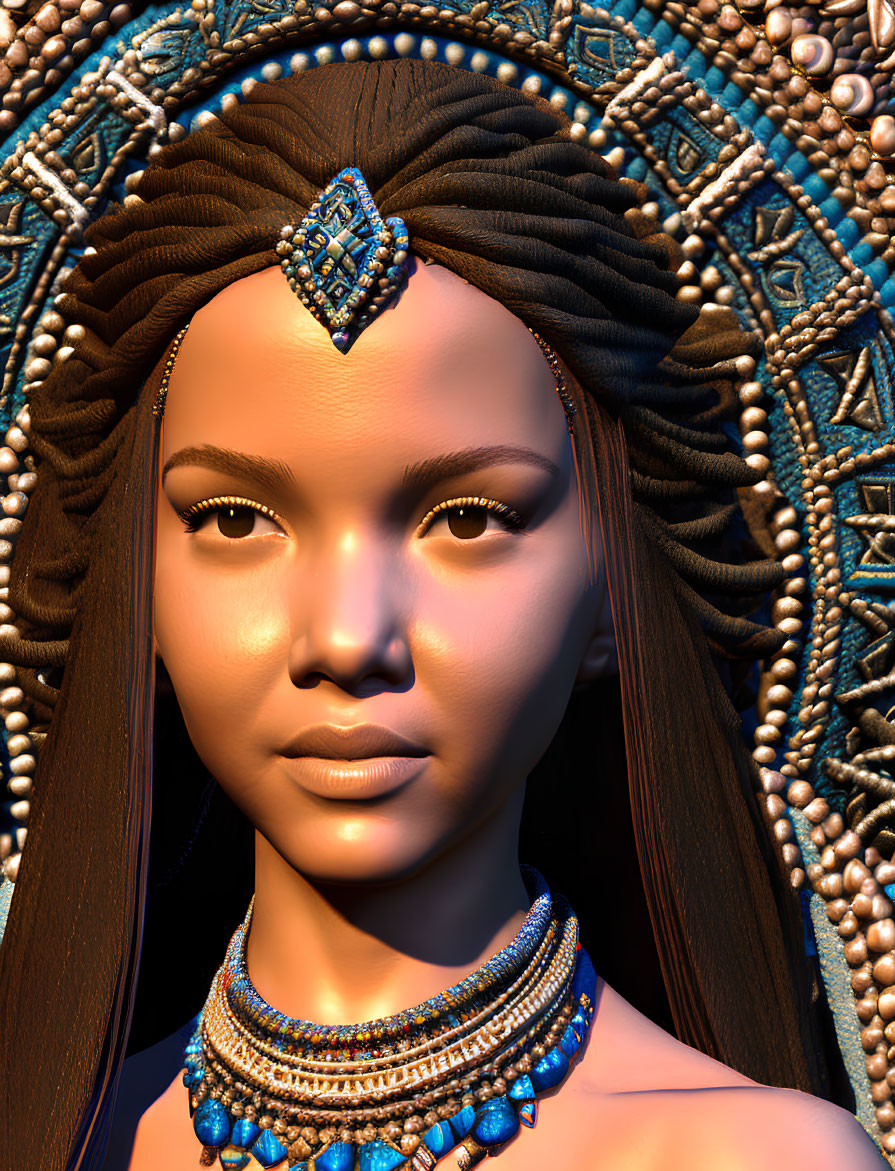 Detailed 3D Rendering of Woman with Ornate Headdress and Jewelry