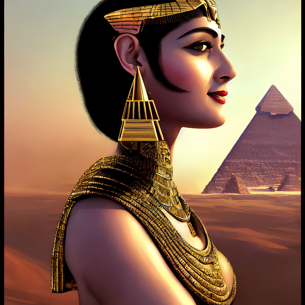 Profile view of digital artwork: Ancient Egyptian queen with traditional headdress and jewelry, set against pyramid backdrop