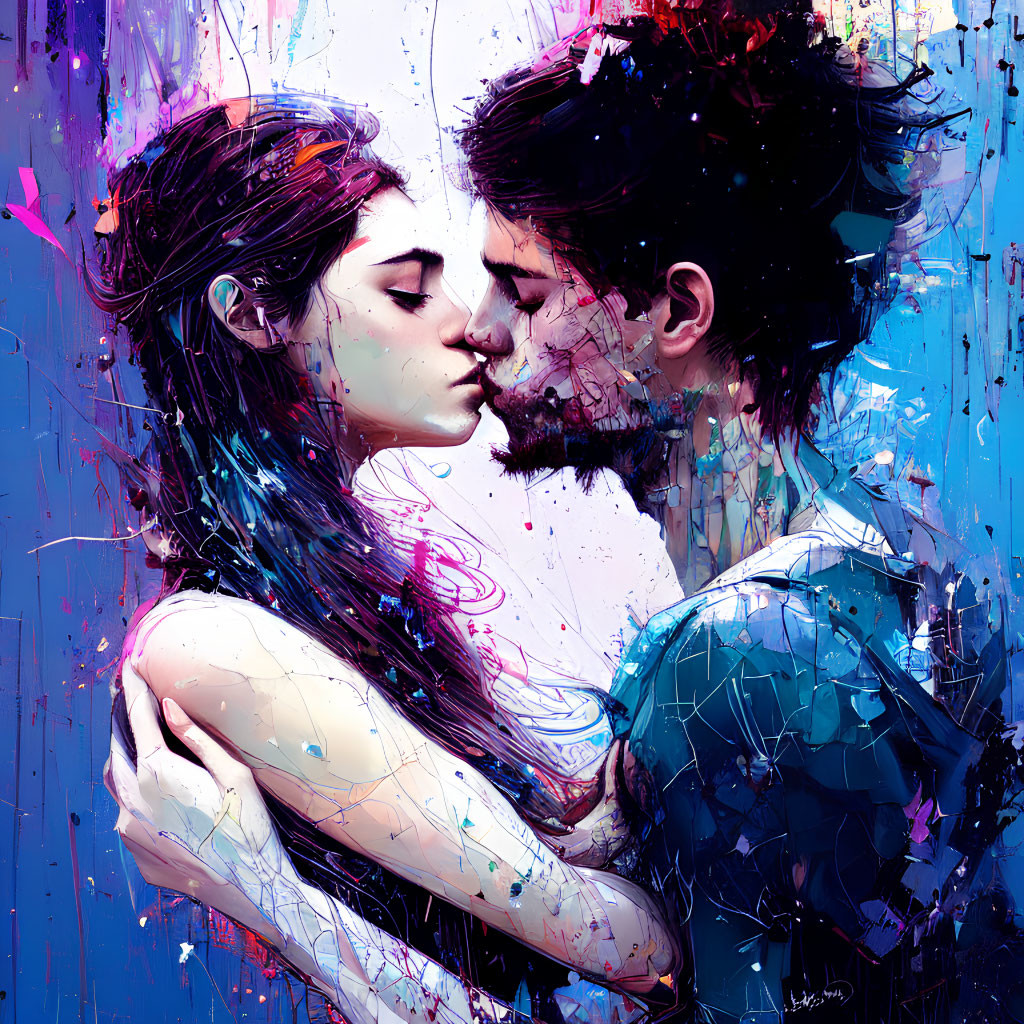 Vibrant artistic illustration of couple embracing in a tender kiss