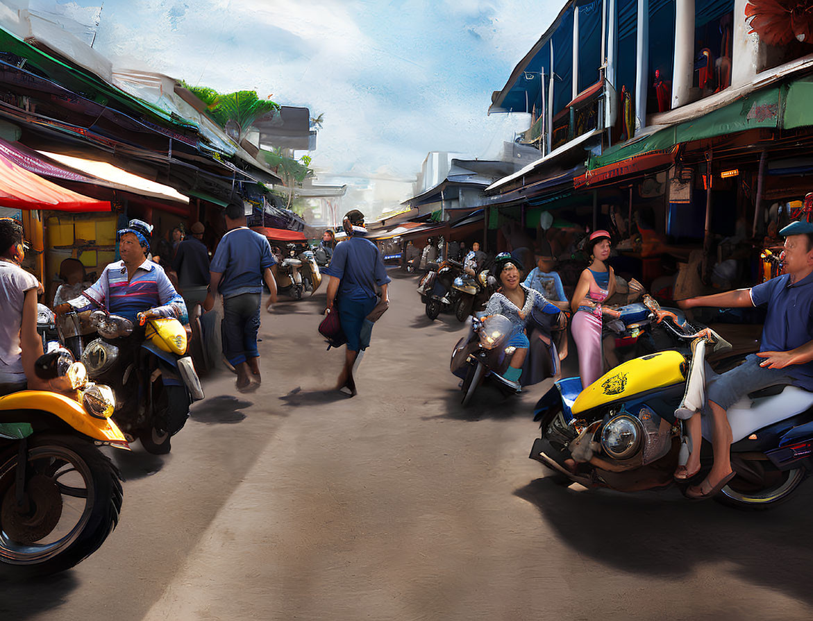 Vibrant market street scene with vendors, motorcycles, and colorful umbrellas on a sunny day.