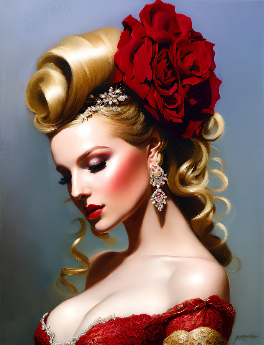 Glamorous woman with updo, red flower, lace dress & earrings