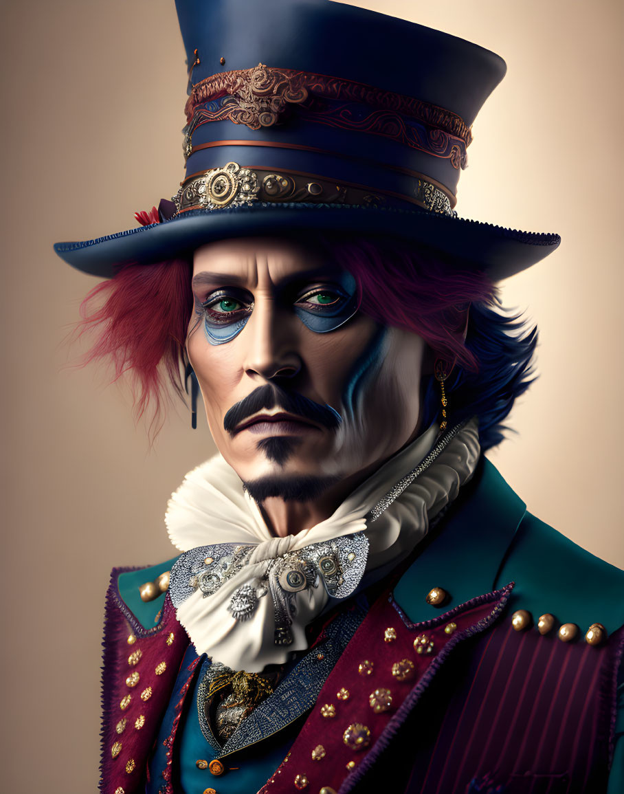 Steampunk-themed portrait of a man in top hat and Victorian jacket