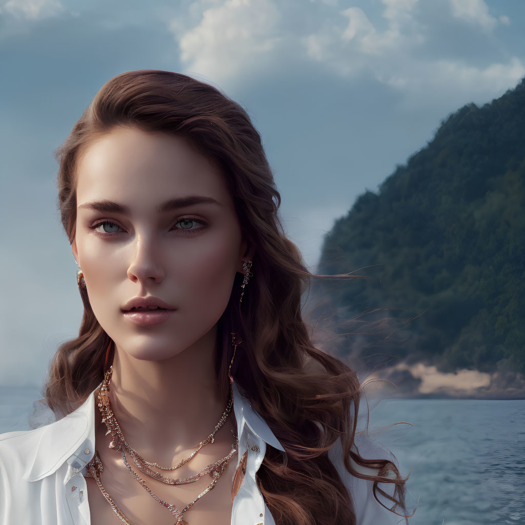 Woman with wavy hair, jewelry, white top, serene seascape, mountains