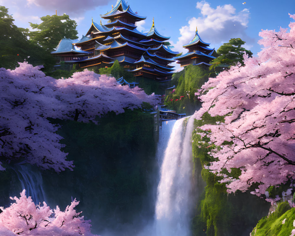 Fantasy landscape with pagoda, waterfall, cherry blossoms & floating petals