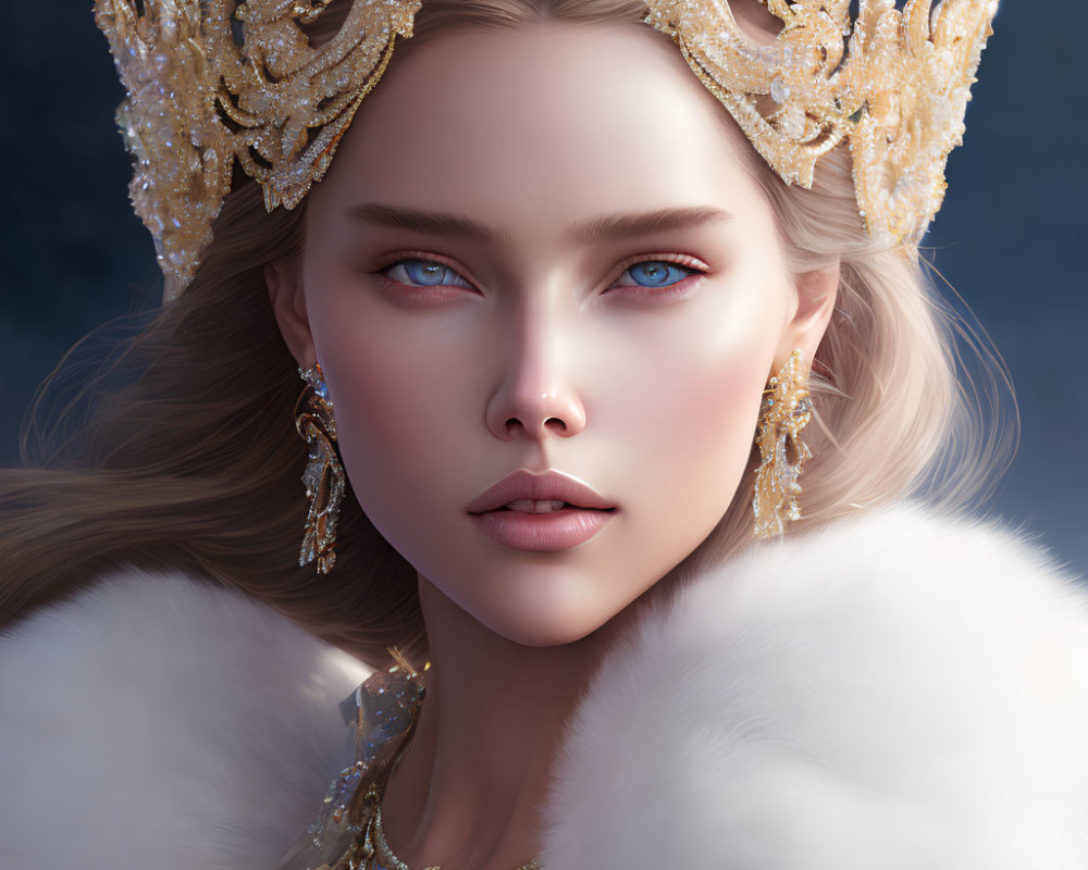 Regal woman with blue eyes in golden crown and fur cloak symbolizes elegance