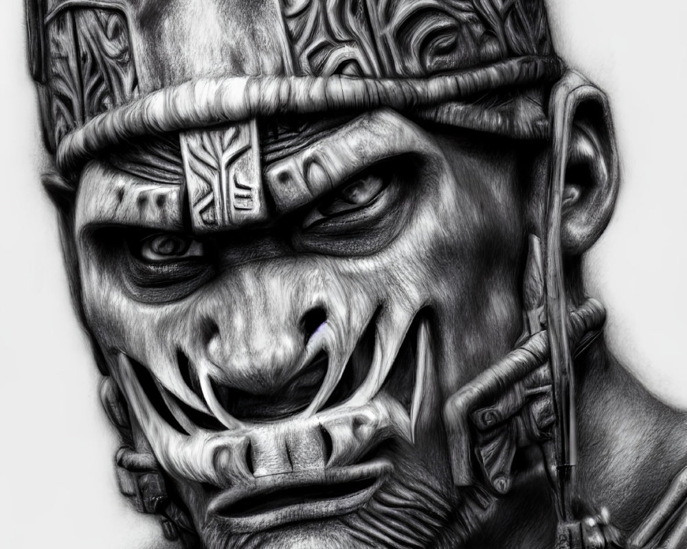 Detailed pencil drawing of menacing warrior with tribal tattoos and decorated helmet