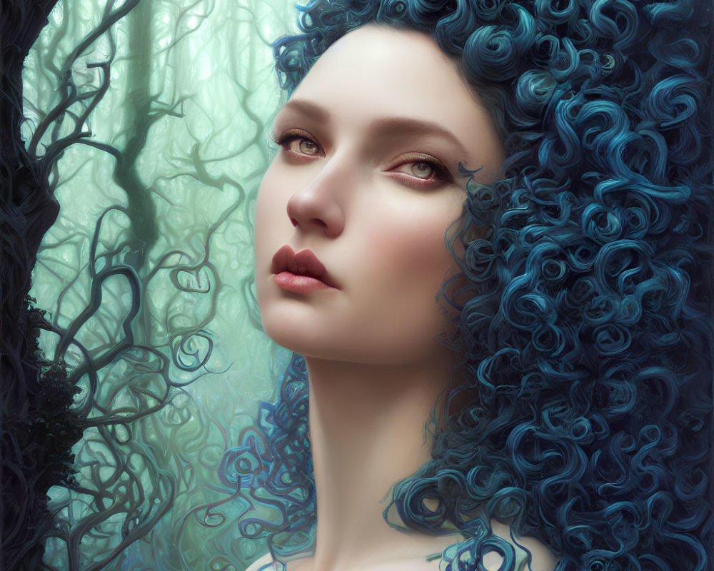 Portrait of woman with voluminous curly blue hair in misty forest