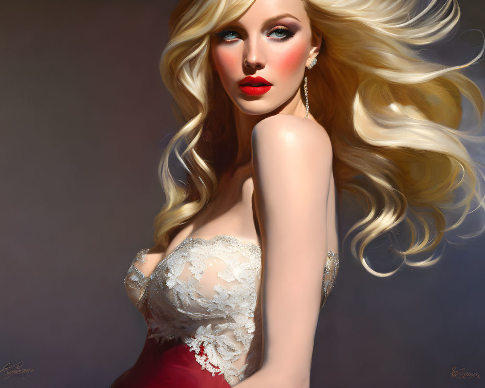 Digital artwork: Woman with flowing blonde hair, blue eyes, red lipstick, red & white lace gown