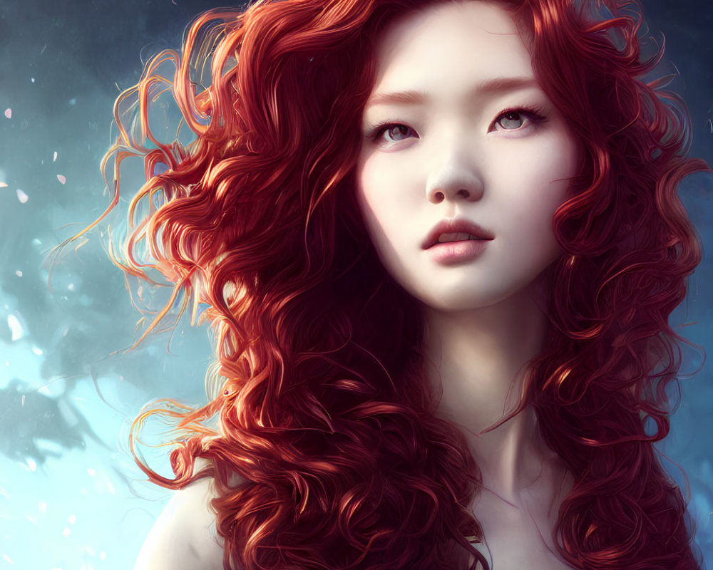 Digital illustration of woman with voluminous red hair and pale skin on soft blue background.