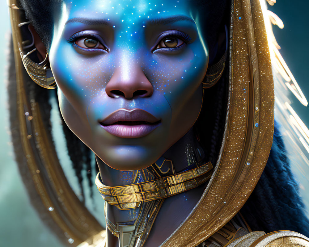 Digital portrait of woman with star-like freckles, blue eyes, golden jewelry.