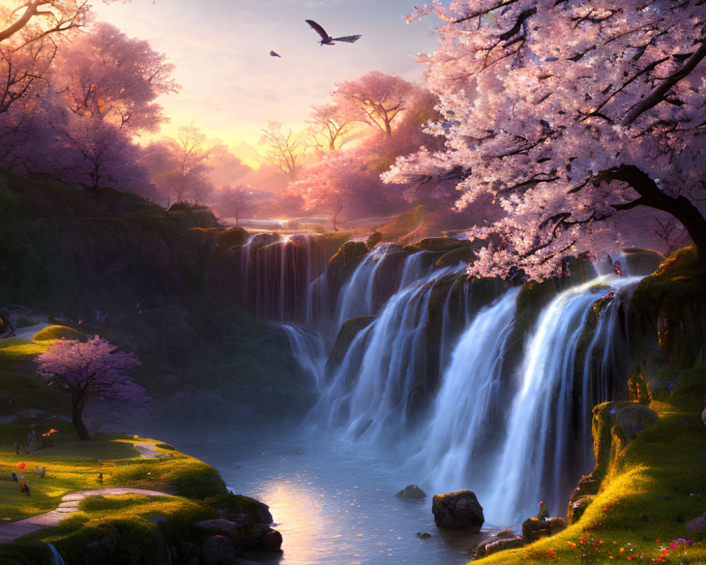 Tranquil cherry blossom cascade at sunset