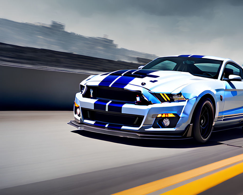 Blue & White Striped Ford Mustang Shelby GT Racing on Track