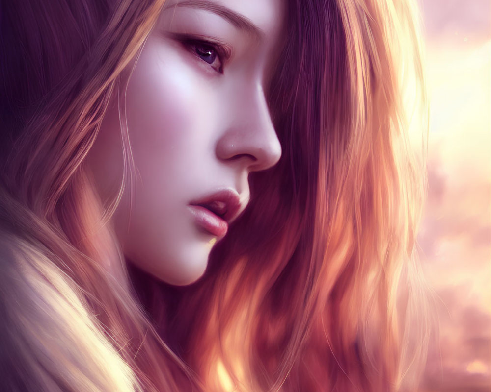 Woman with flowing hair and striking eyes in sunset-tinted digital art