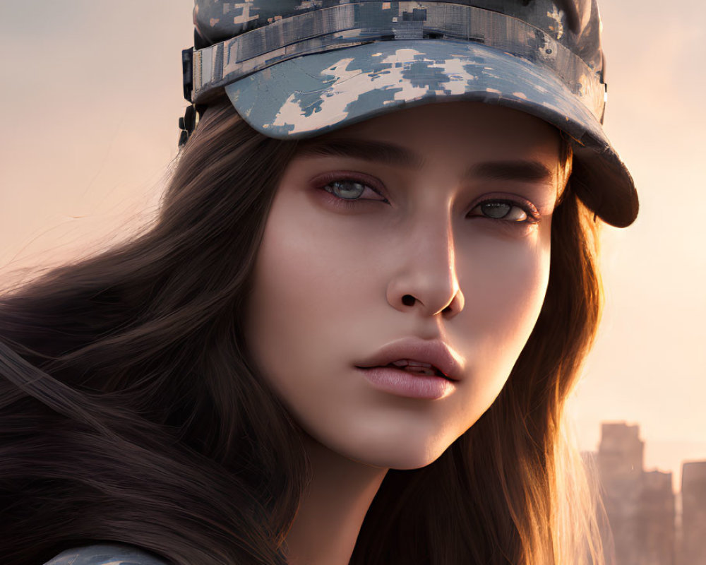 Digital portrait of woman with long brown hair in UAW military cap