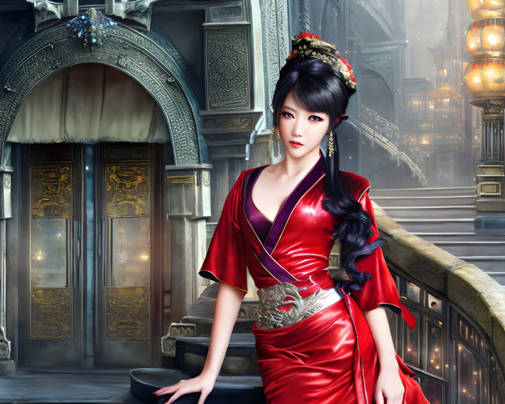 Traditional Asian woman in red dress by opulent staircase