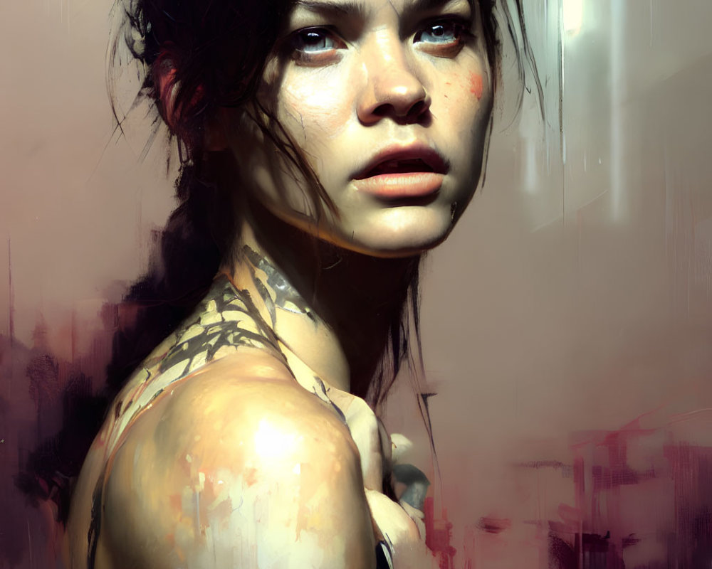 Detailed digital portrait of woman with piercing eyes and shoulder tattoo