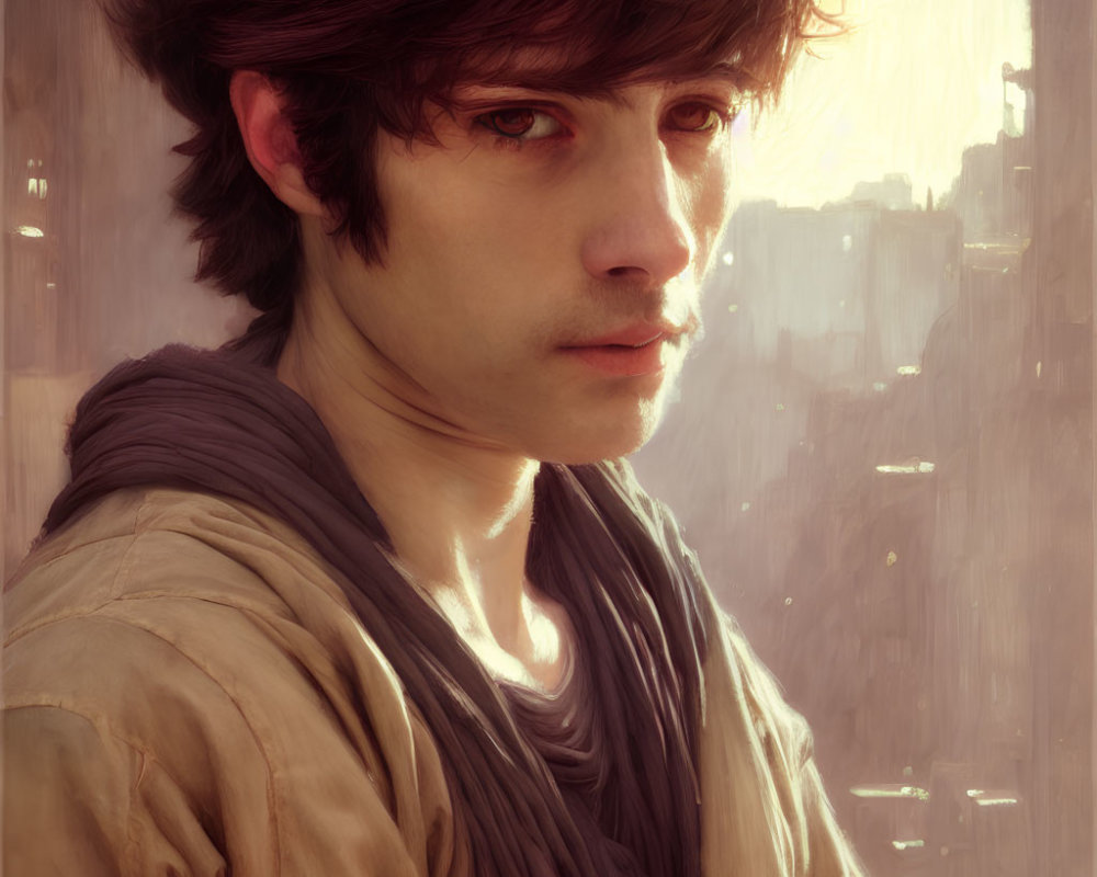 Young man with tousled hair and intense eyes in draped garment against cityscape.