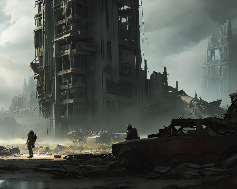 Post-apocalyptic soldiers in ruins under gloomy sky