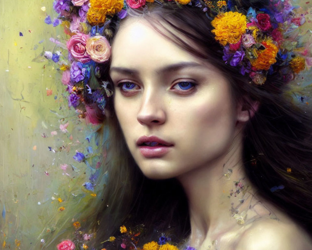 Portrait of woman with colorful floral crown and dreamy expression