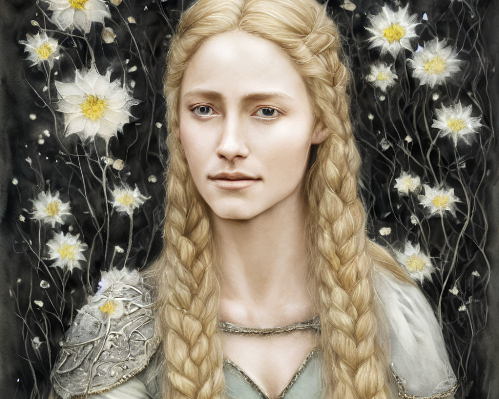 Portrait of woman with long braided hair, fair skin, light eyes, armor, white flowers,