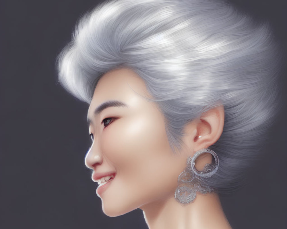 Styled Silver Hair Portrait with Subtle Smile and Detailed Earring