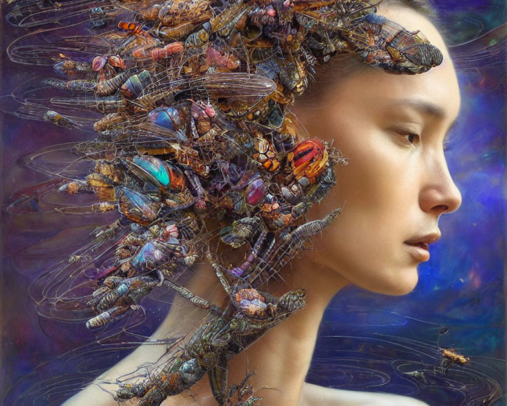 Surreal portrait of woman with metallic beetles in hair