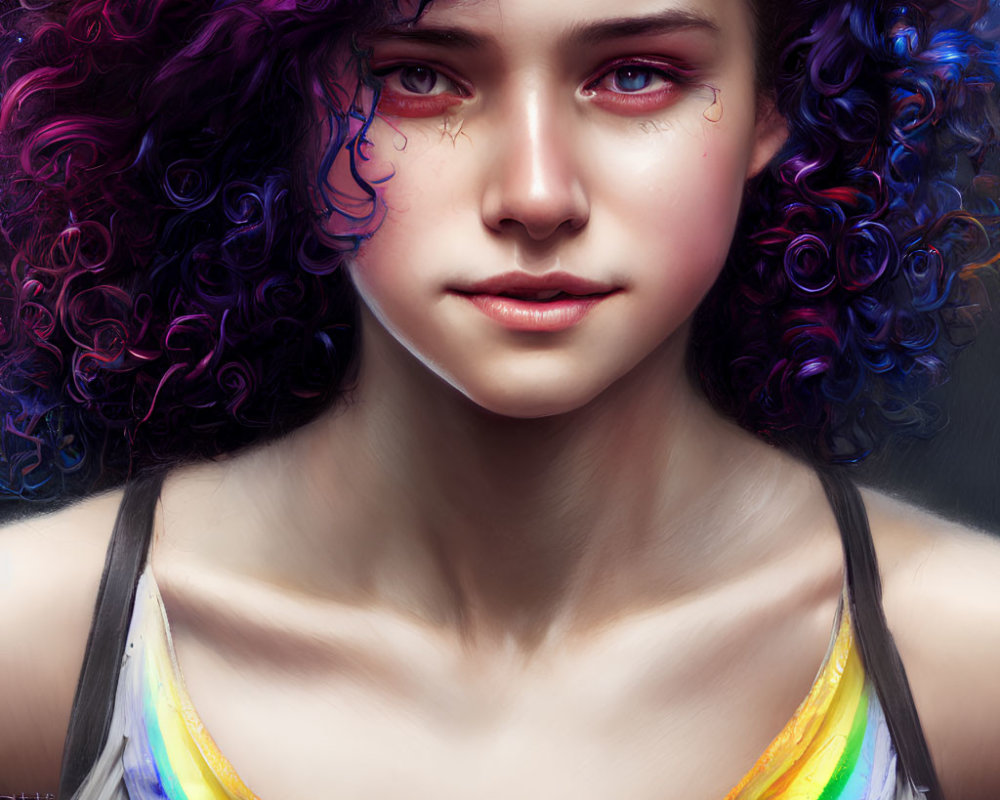 Digital artwork featuring young person with vibrant purple curls and rainbow-colored top