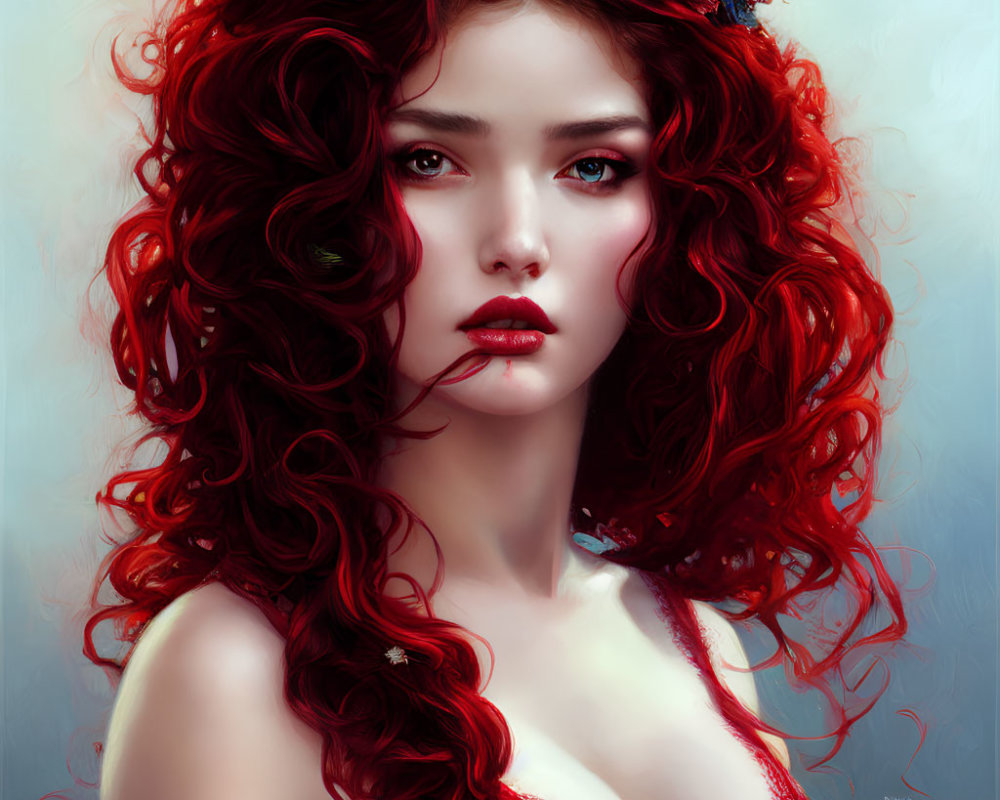 Portrait of a woman with voluminous red hair, blue eyes, fair skin, and red attire