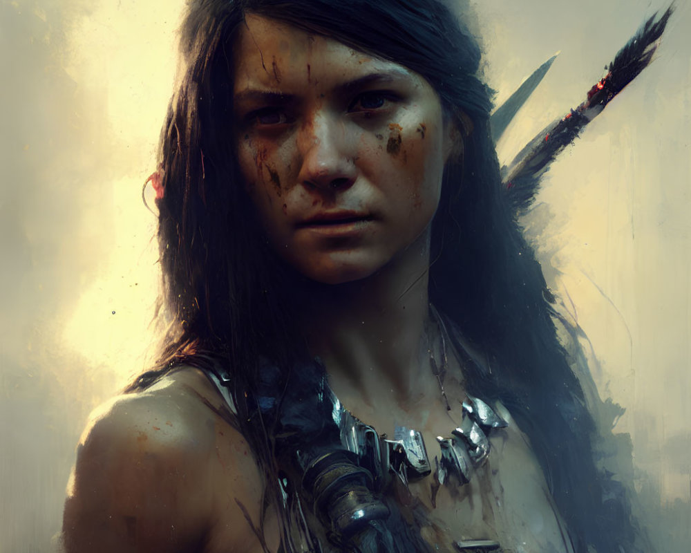 Portrait of fierce woman with war paint and feathers, intense gaze.