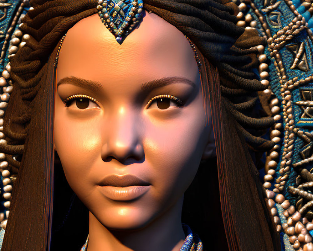 Detailed 3D Rendering of Woman with Ornate Headdress and Jewelry